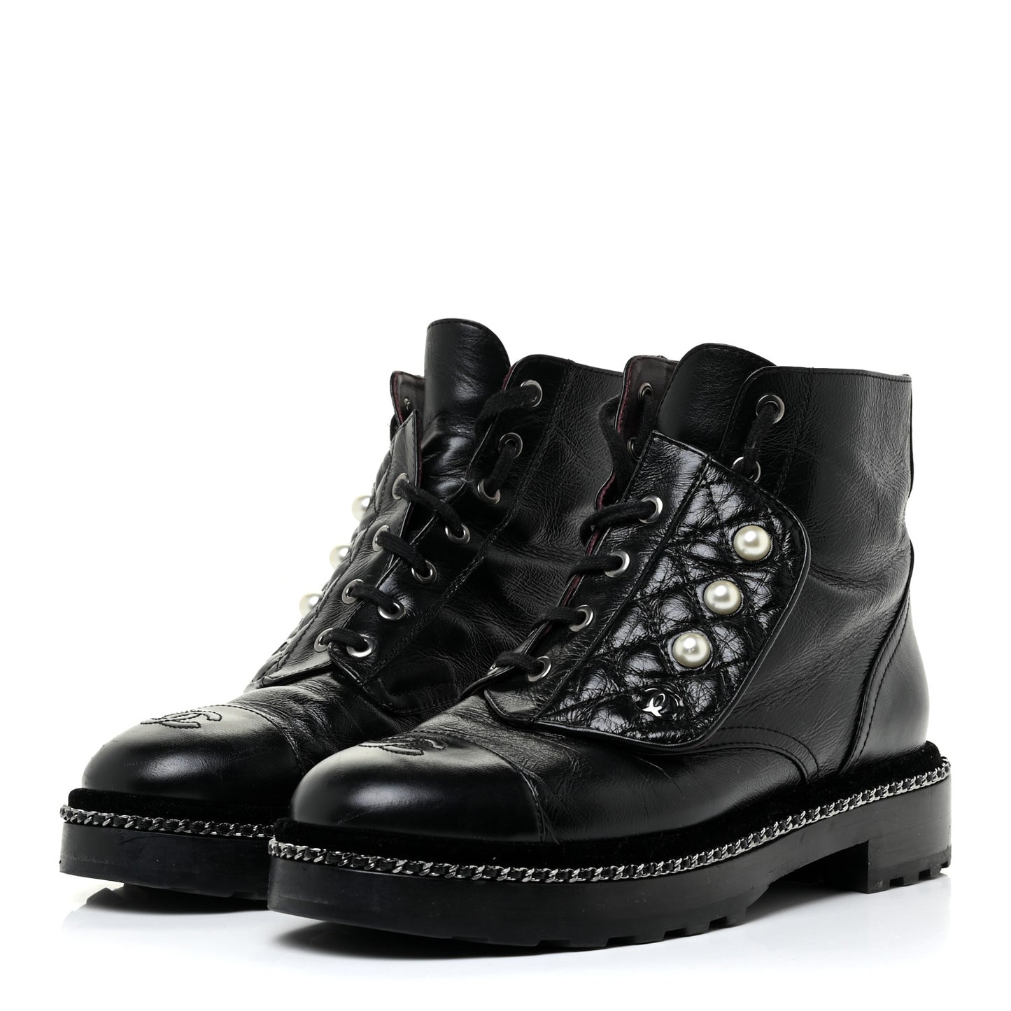 Crackled Calfskin Velvet Pearl Combat Short Boots 39 Black