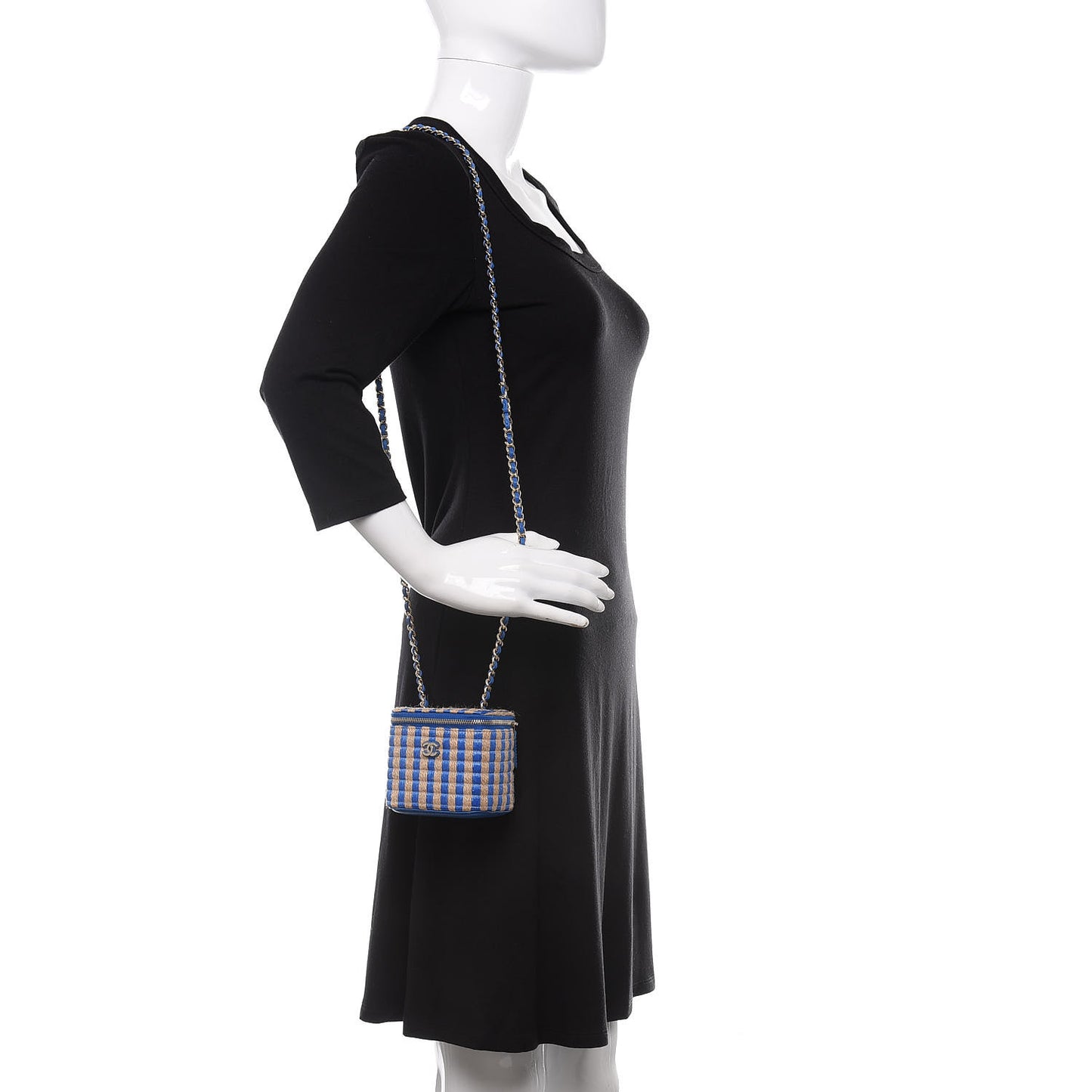 Raffia Jute Striped Mini Vanity Case With Chain Blue Beige