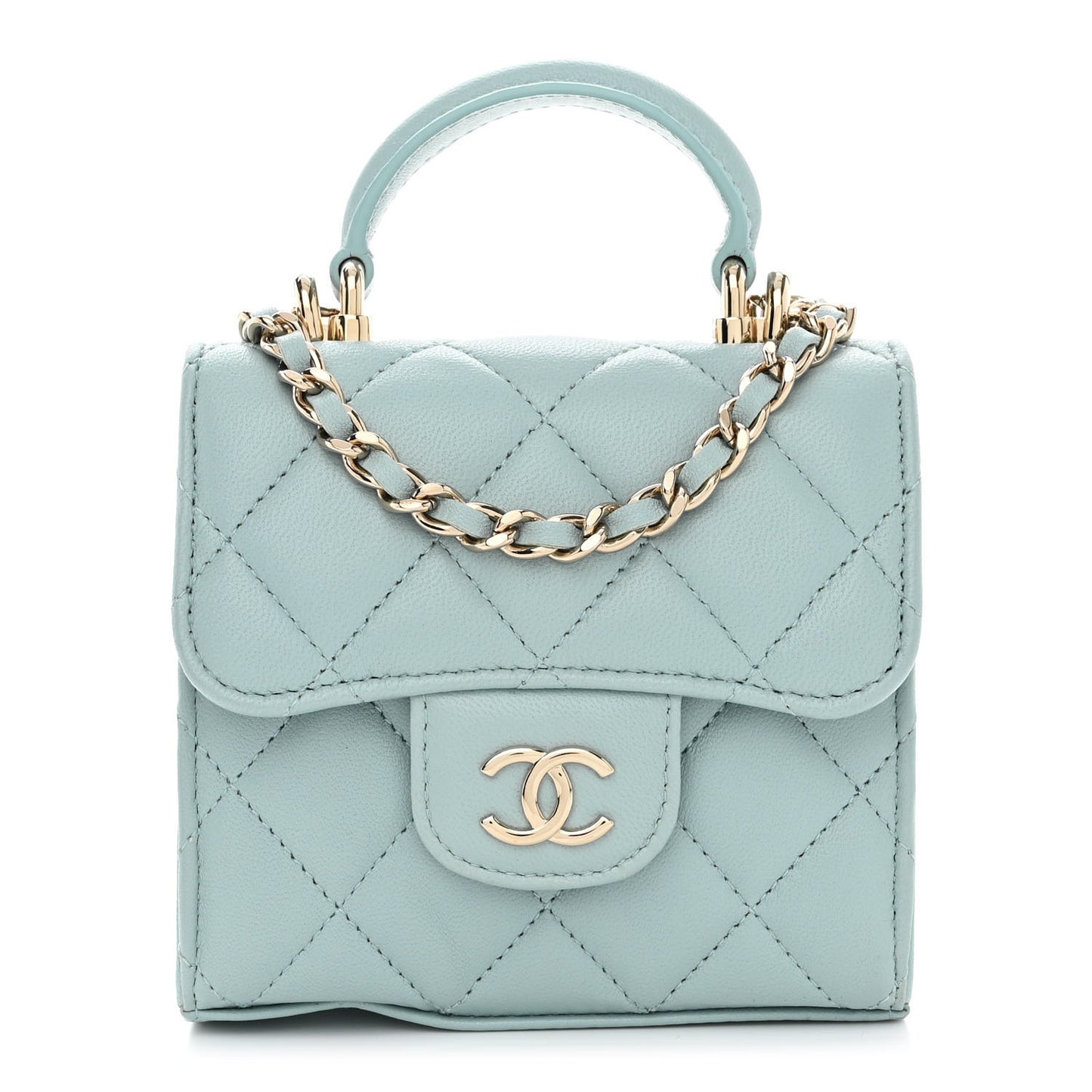 Lambskin Quilted Top Handle Flap Clutch With Chain Light Blue