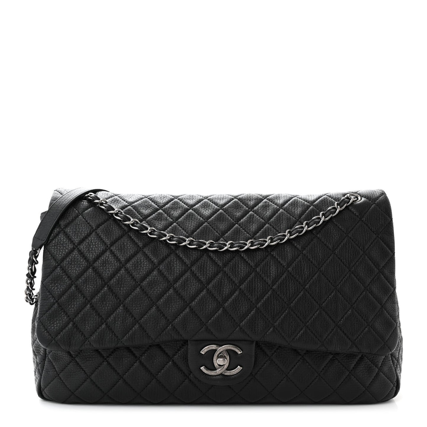 Calfskin Quilted XXL Travel Flap Bag Black