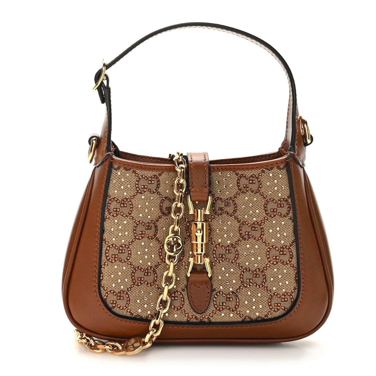 Gucci New Canvas Charisma Calfskin Crystal GG Monogram Mini Jackie 1961 Hobo Camel Ebony 1 of 9
