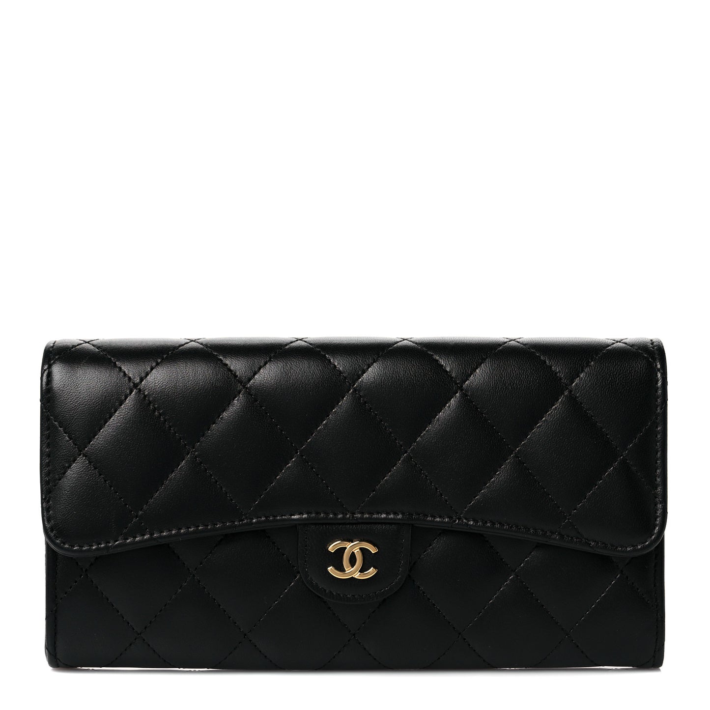 Lambskin Quilted Large Gusset Flap Wallet Black
