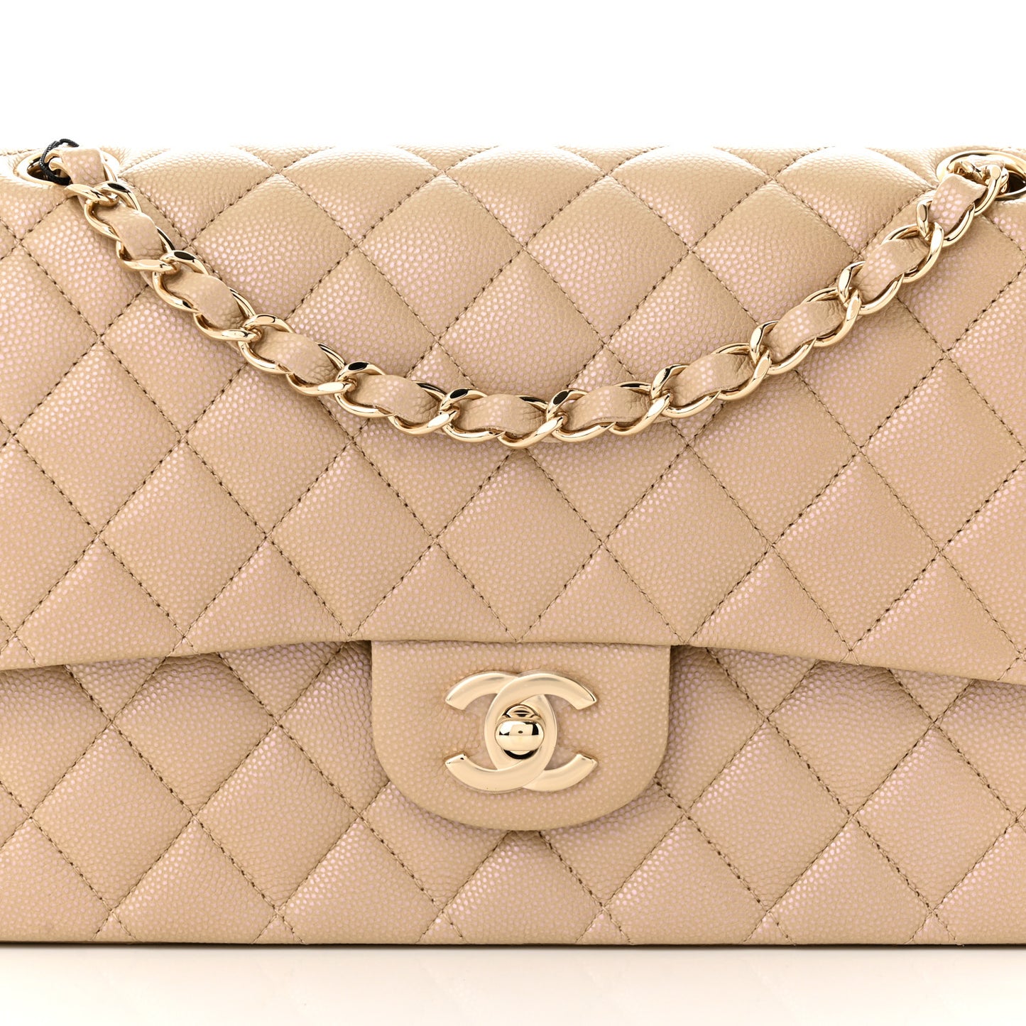 Iridescent Caviar Quilted Medium Double Flap Dark Beige