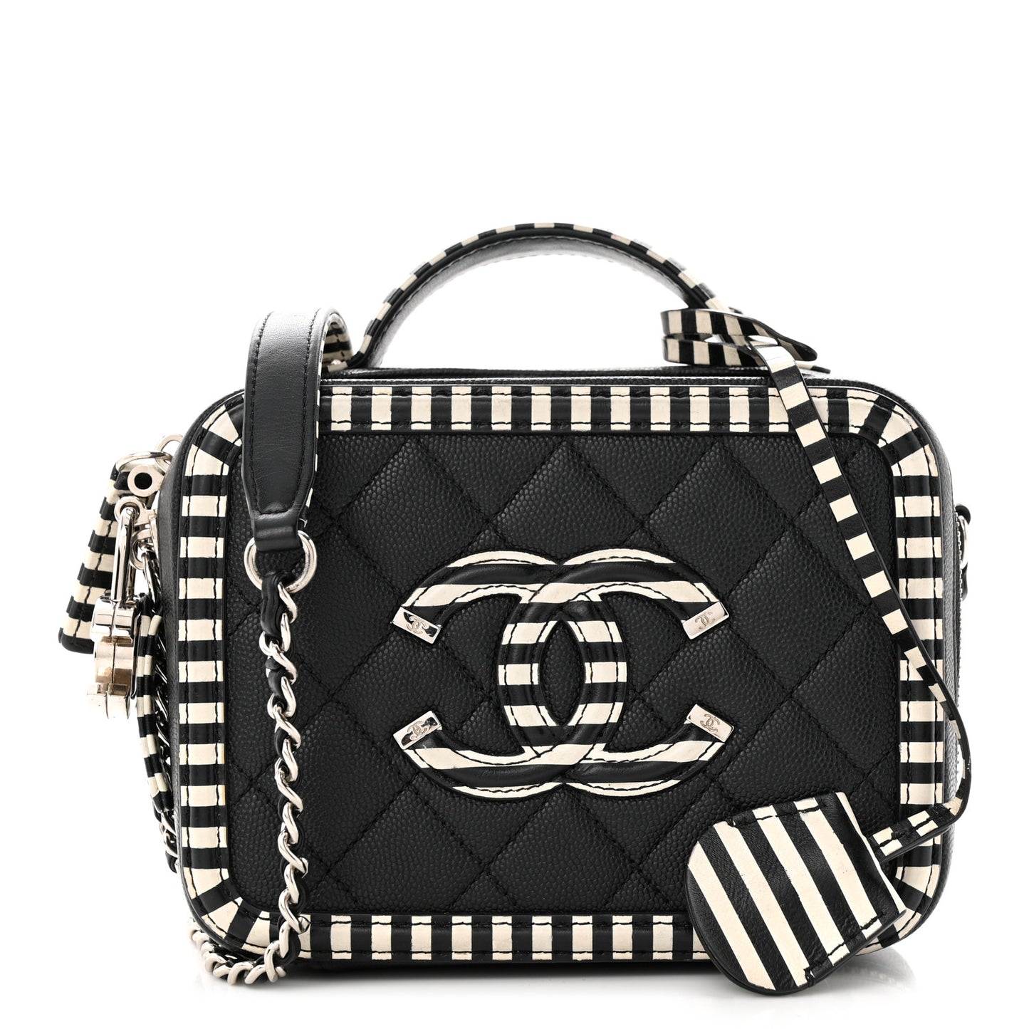 Caviar Quilted Striped Small CC Filigree Vanity Case Black White
