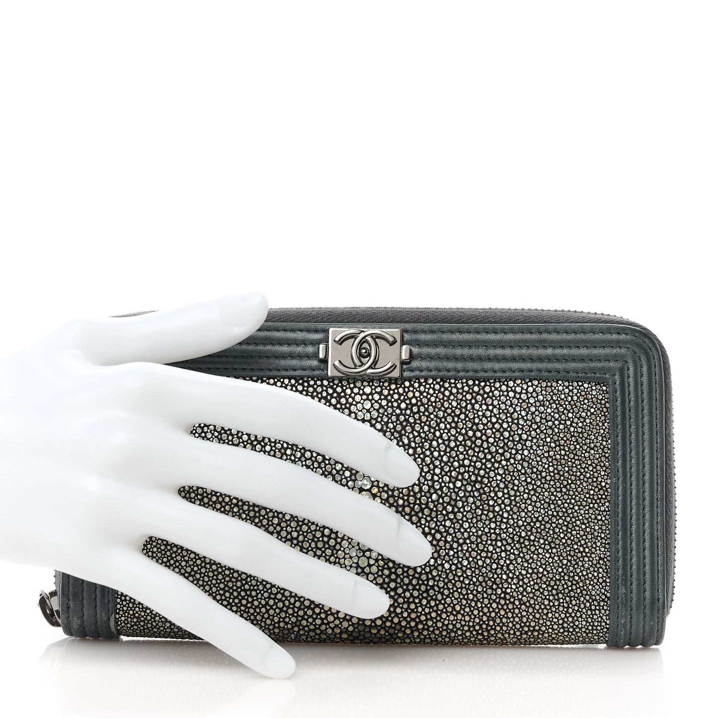 Metallic Galuchat Stingray Lambskin Boy Gusset Zip Wallet Dark Silver