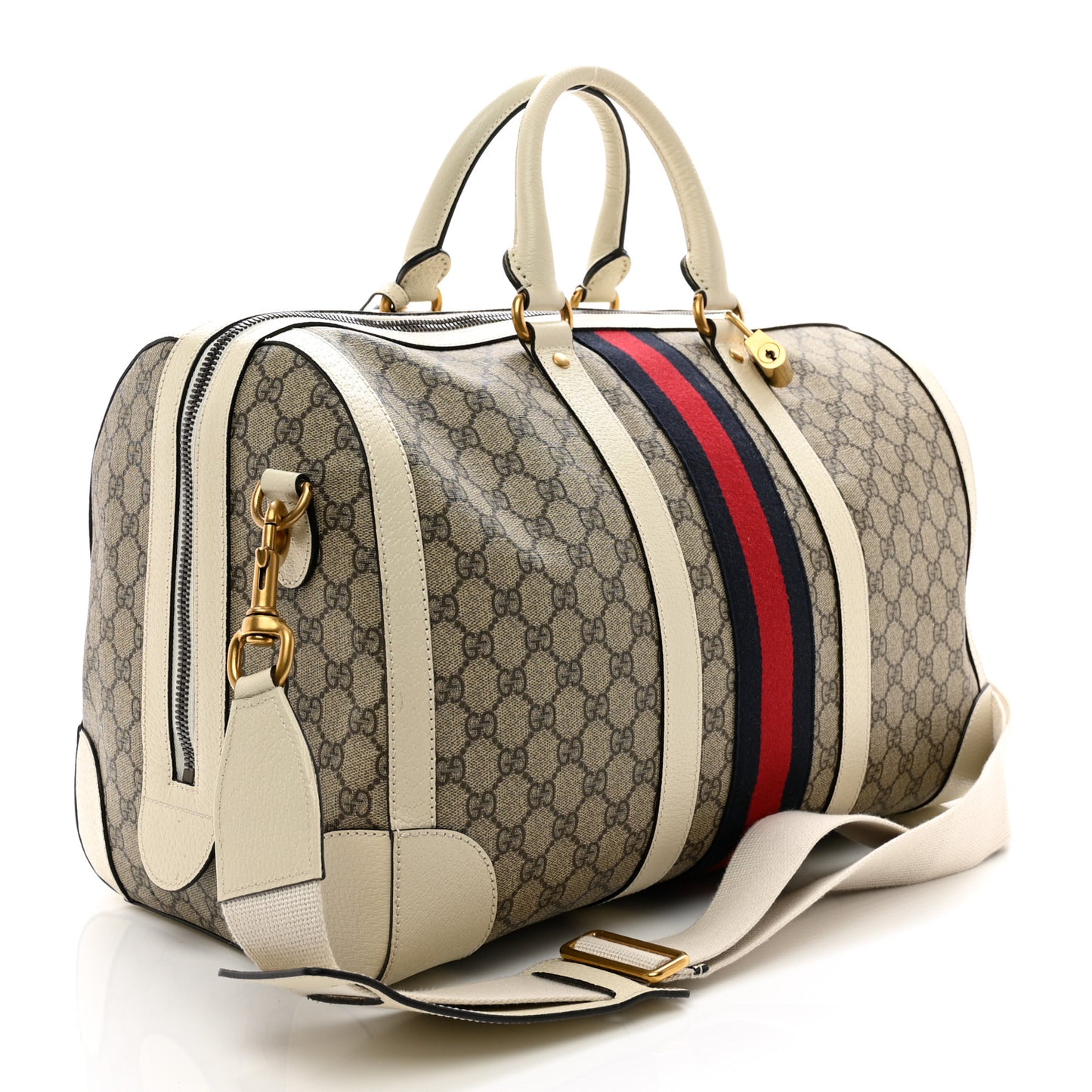 GG Supreme Monogram Textured Dollar Calfskin Web Medium Ophidia Duffle Bag Beige Ebony Mystic White