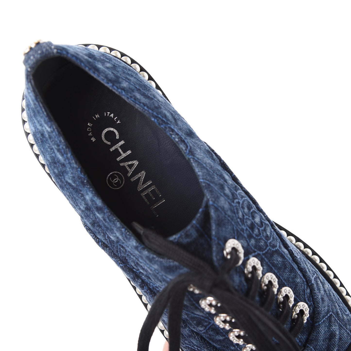 Denim Grosgrain Camellia Pearl Lace Up Sneakers 38.5 Blue Black