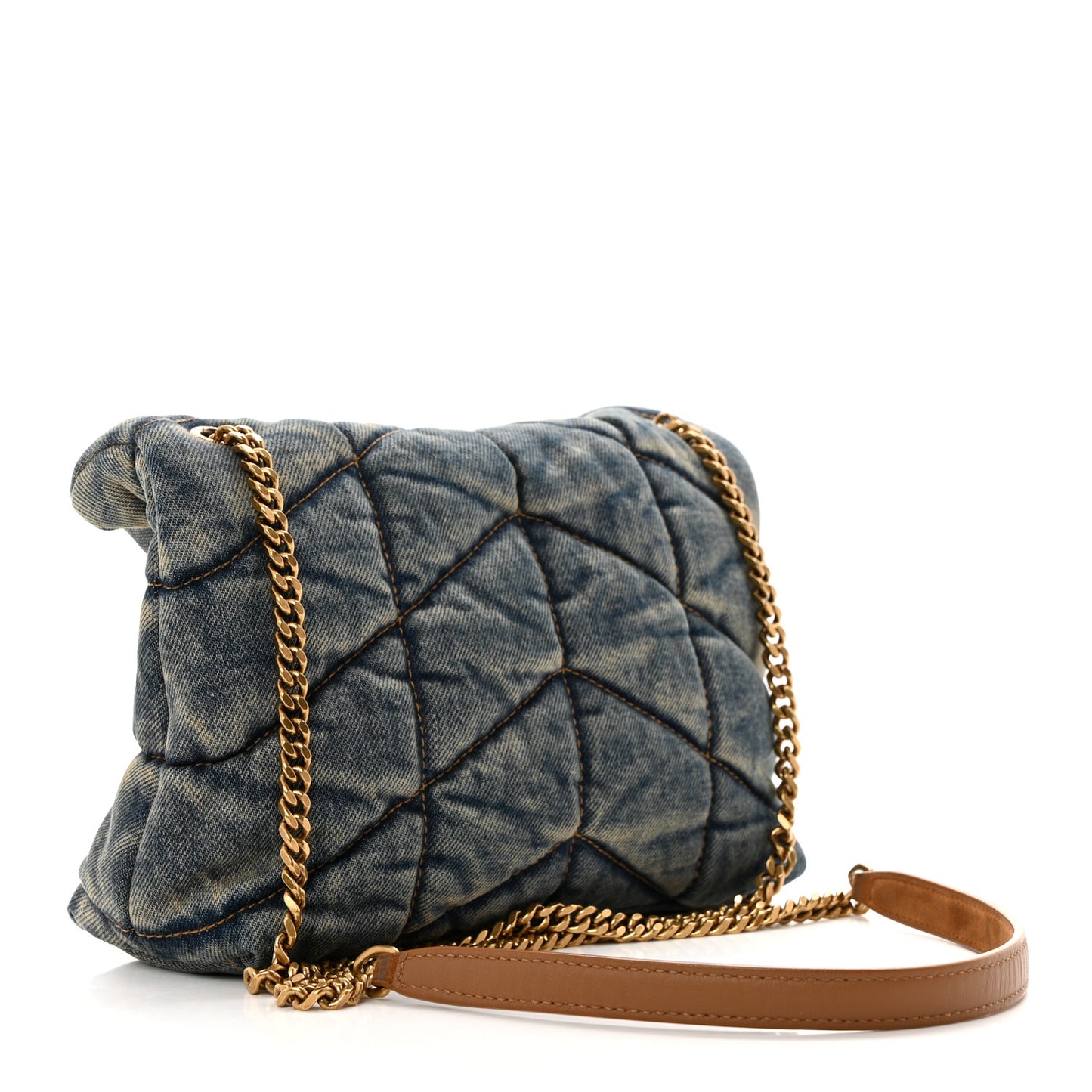 Denim Quilted Toy Loulou Puffer Monogram Chain Satchel Blue Cinnamon