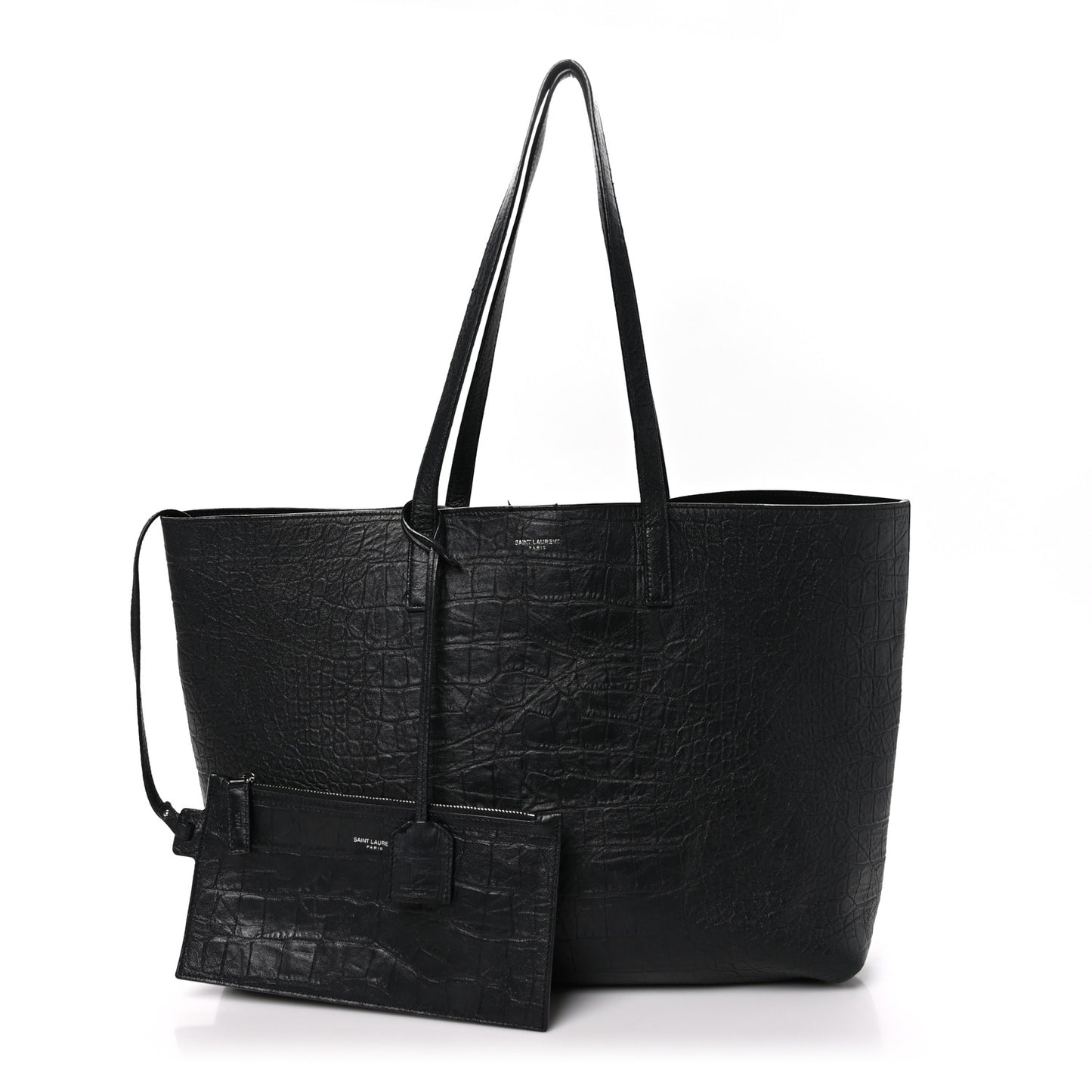 Calfskin Crocodile Embossed Large Shopper Tote Black