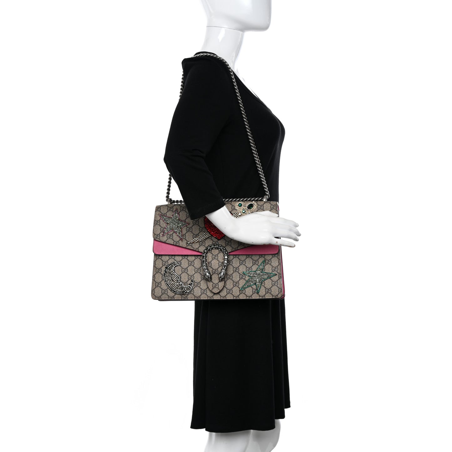 GG Supreme Monogram Suede Pierced Heart Embroidered Medium Dionysus Shoulder Bag Beige Ebony Pink Tropical Flower