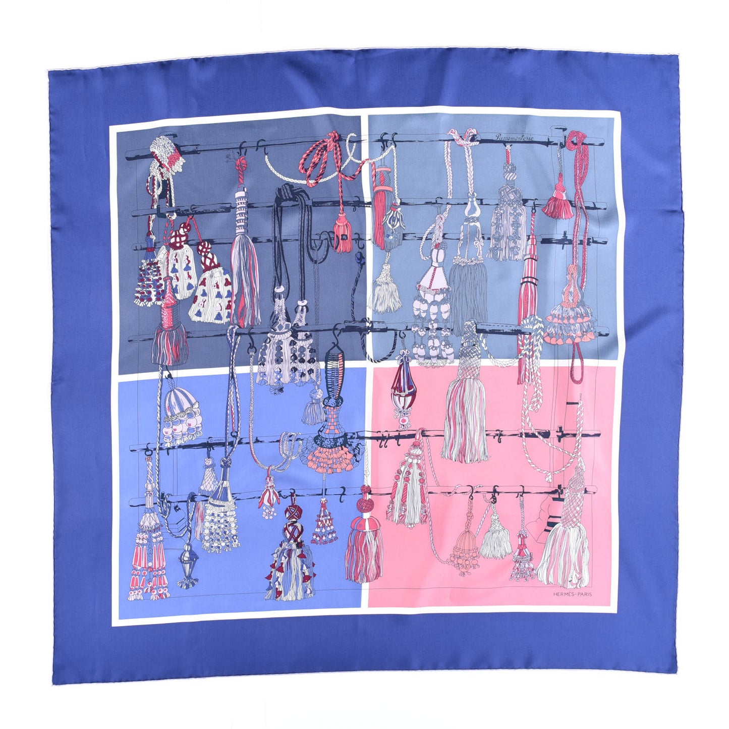 Silk Passementerie Quadri Scarf 90 Indigo Lavender Gris