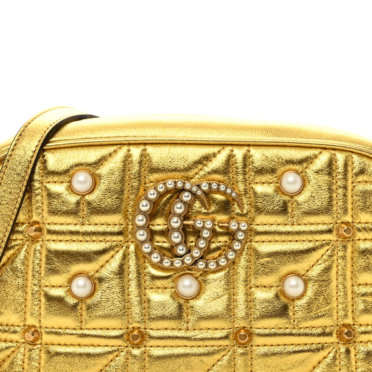 Metallic Calfskin Matelasse Studded Small Pearly GG Marmont Chain Shoulder Bag Gold
