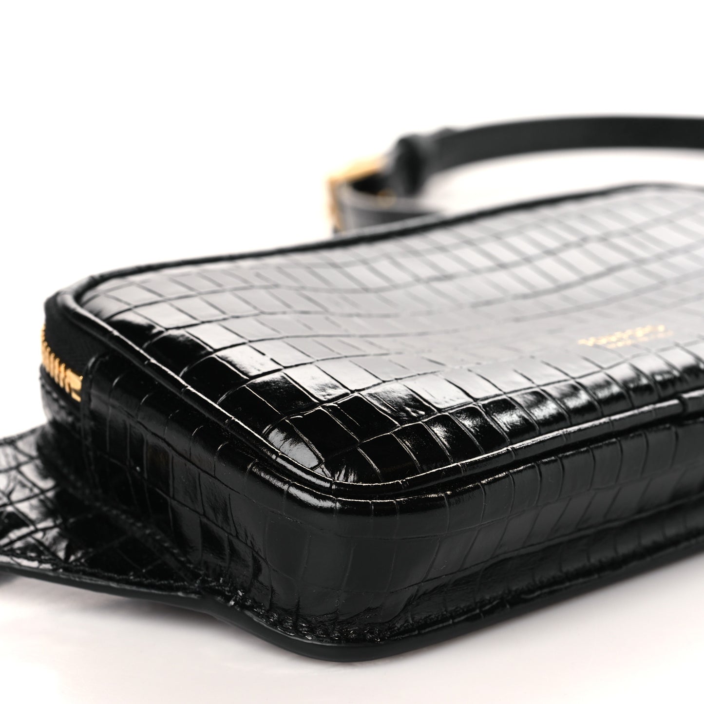 Calfskin Crocodile Embossed Small Zip Belt Bag Black