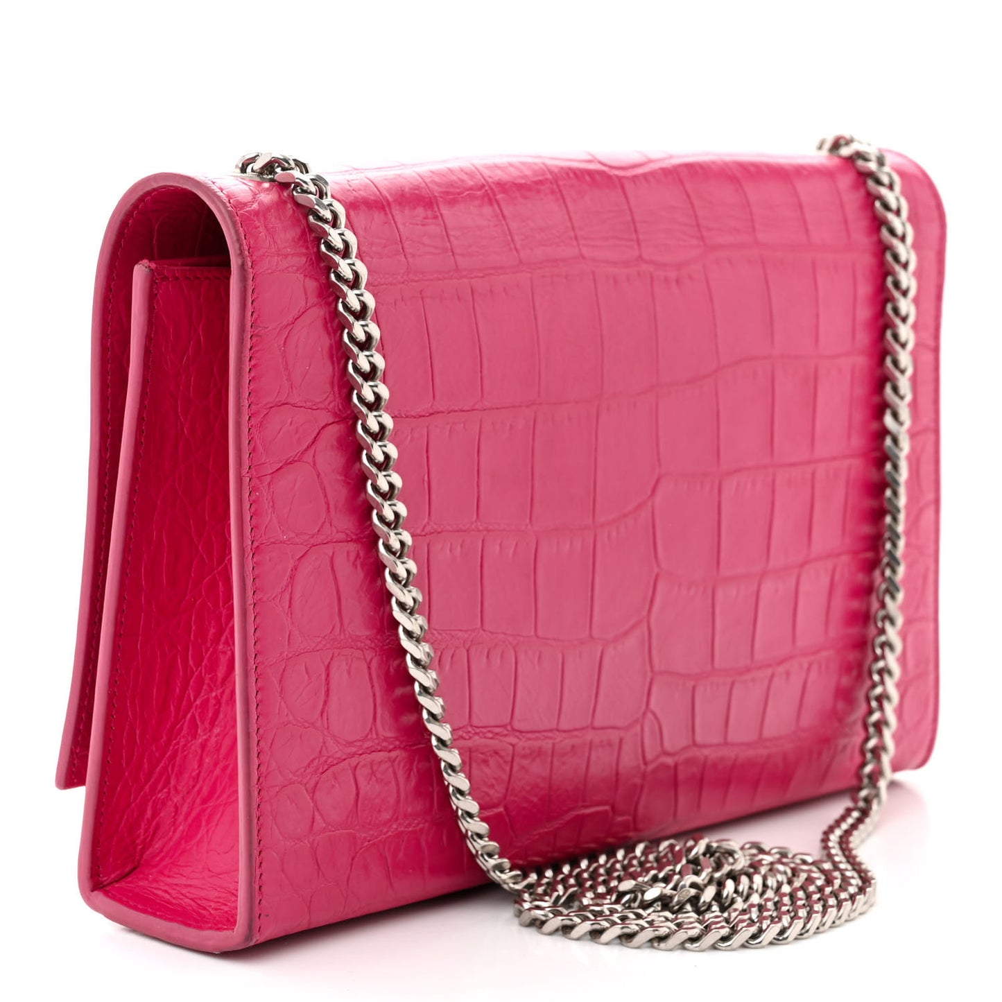 SAINT LAURENT Calfskin Crocodile Embossed Medium Classic Monogram Kate Tassel Satchel Fuchsia