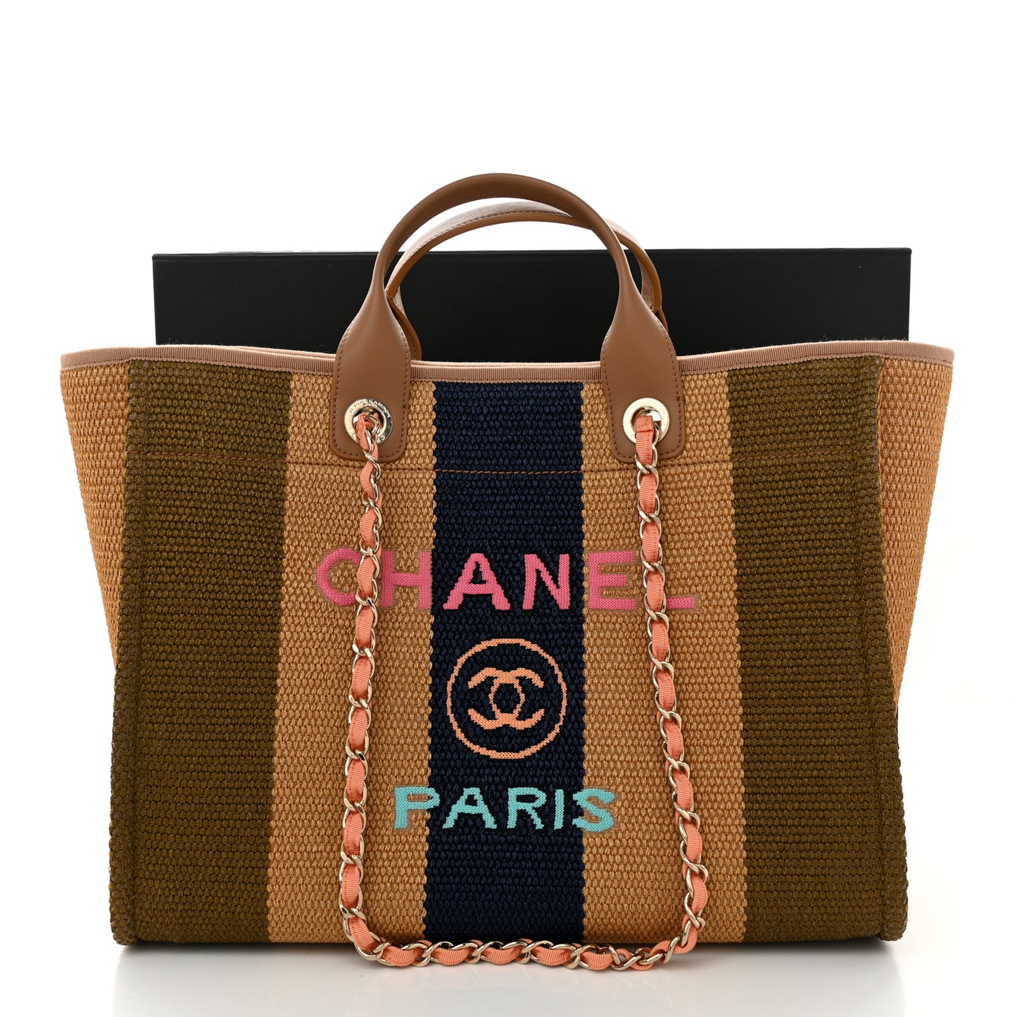 Straw Raffia Calfskin Striped Medium Deauville Tote Khaki Beige Navy Blue