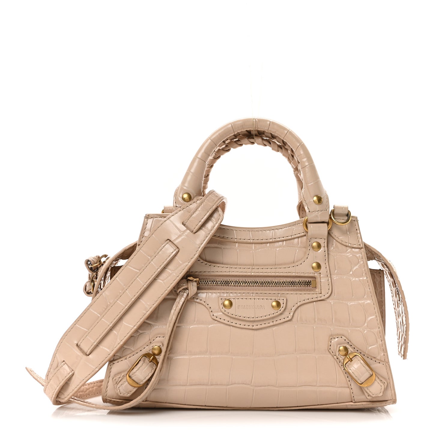 Shiny Supple Calfskin Crocodile Embossed Neo Classic Gold Hardware Mini City Light Beige