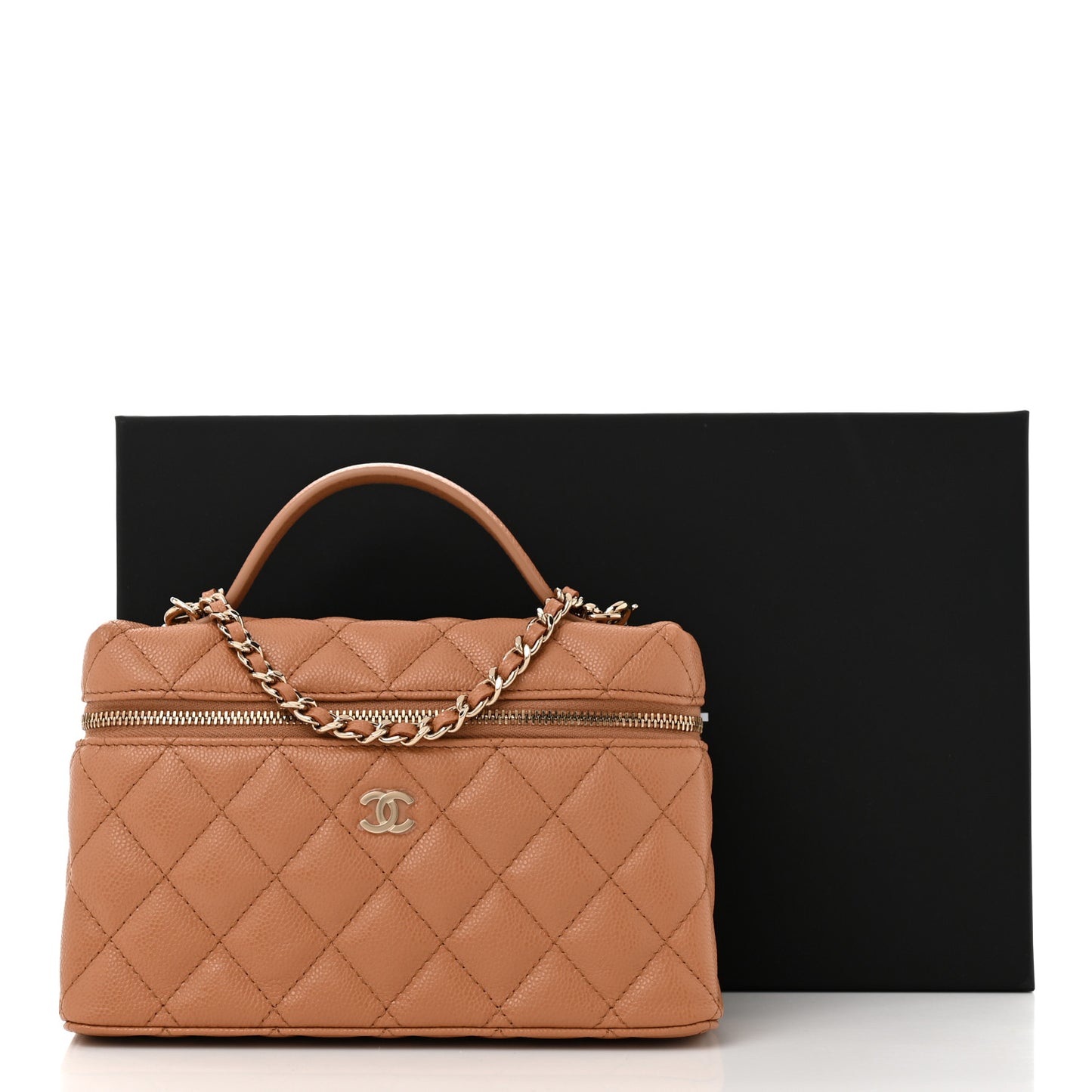 Caviar Quilted Top Handle Slim Vanity With Chain Brown