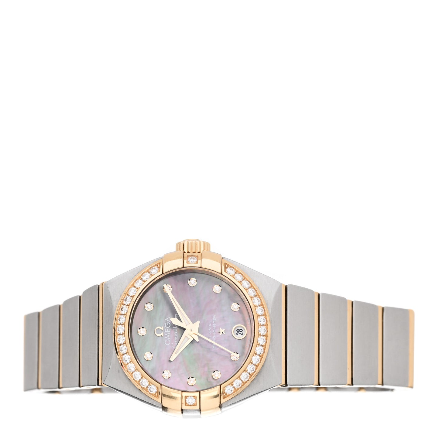 Stainless Steel 18K Yellow Gold Diamond Bezel Black Mother of Pearl 27mm Constellation Co-Axial Tahiti Automatic Watch 123.25.27.20.57.007