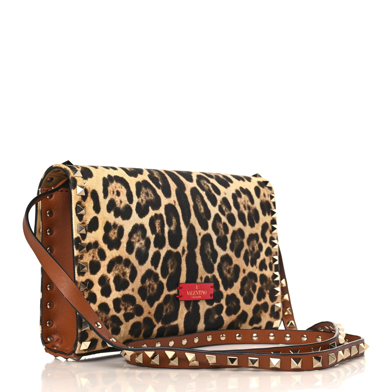 Valentino Garavani Calfskin Canvas Leopard Print Medium Rockstud Flip Lock Crossbody Bag Tan 3 of 9