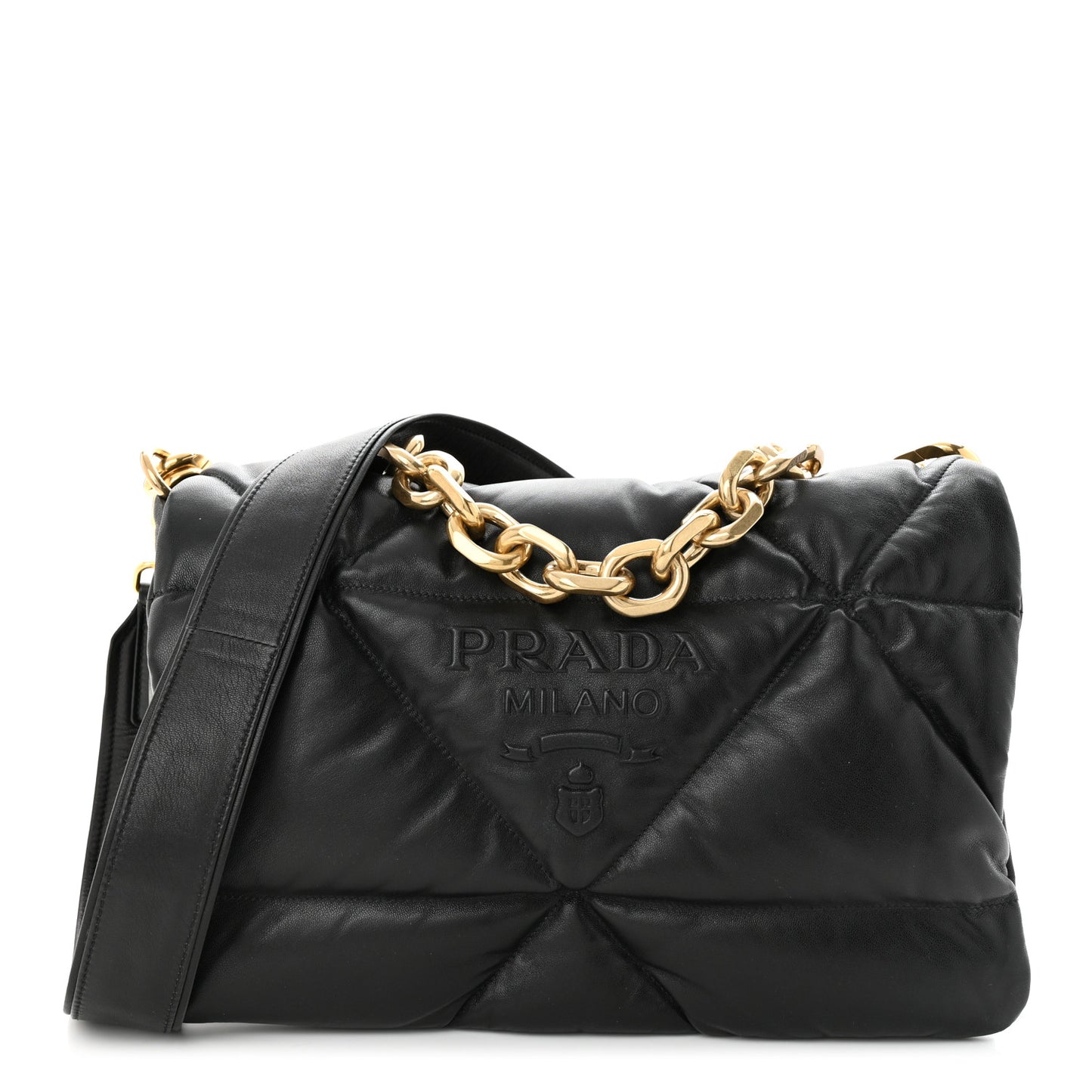 Nappa Soft Padded Logo Embossed Triangle Quilted Shoulder Bag Black