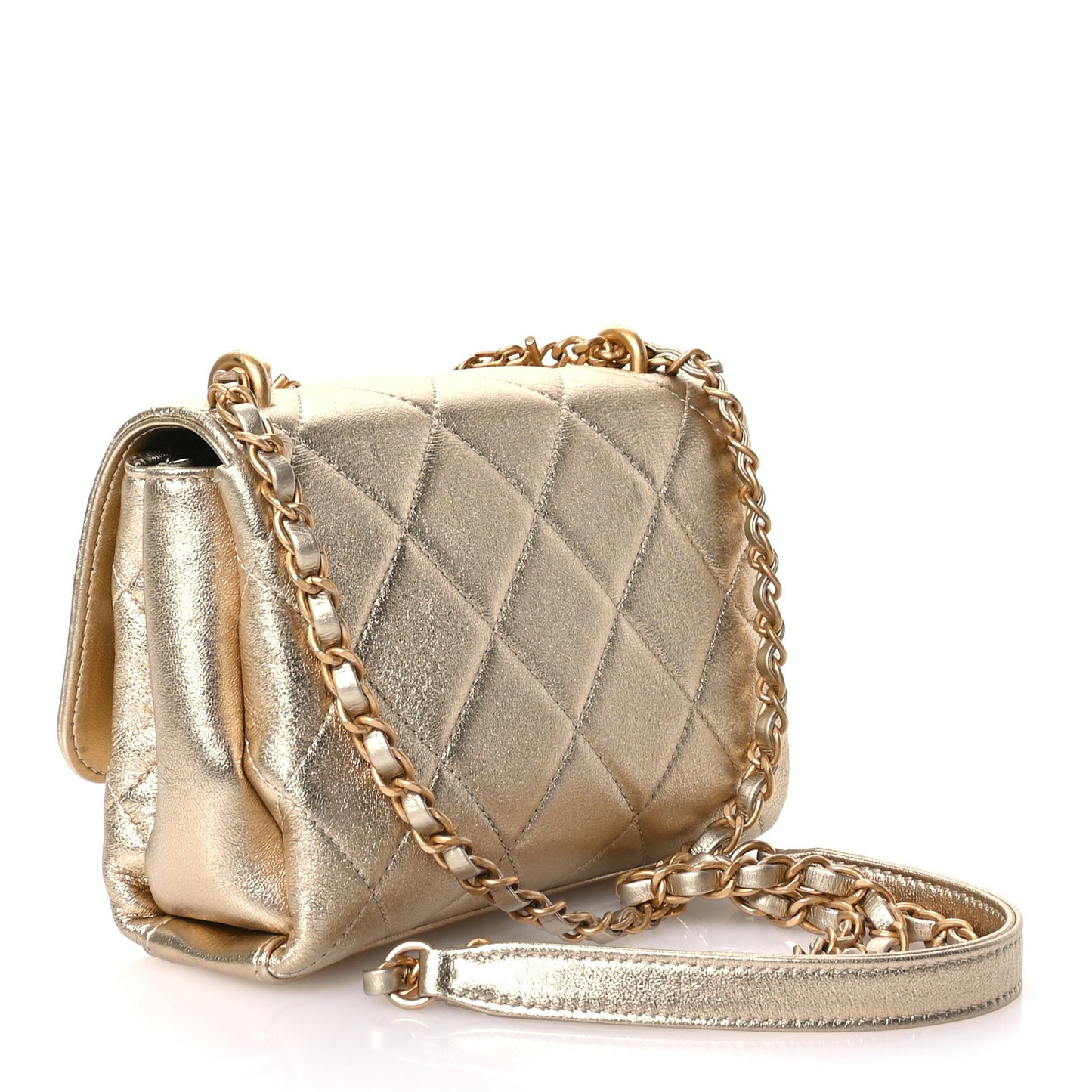 Metallic Lambskin Quilted Mini CC Crystal Logo Chain Flap Gold