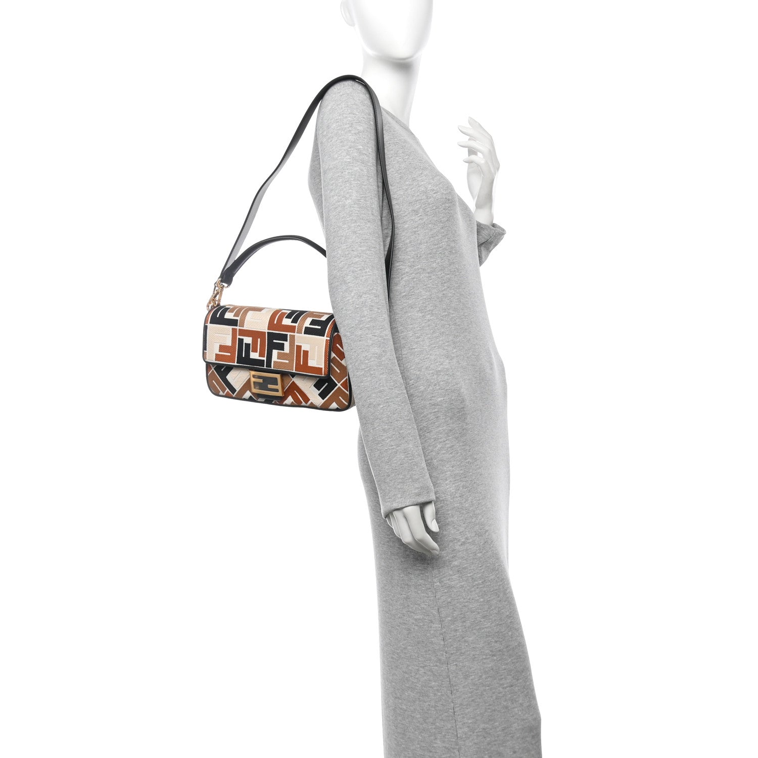 Fendi Canvas Vitello Seta FF Embroidered Baguette Brandy Black 2 of 13