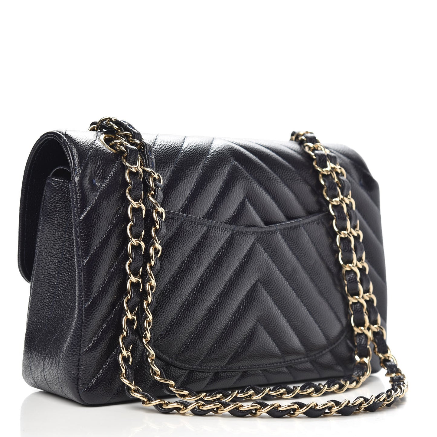 Caviar Chevron Quilted Small Double Flap Navy Blue