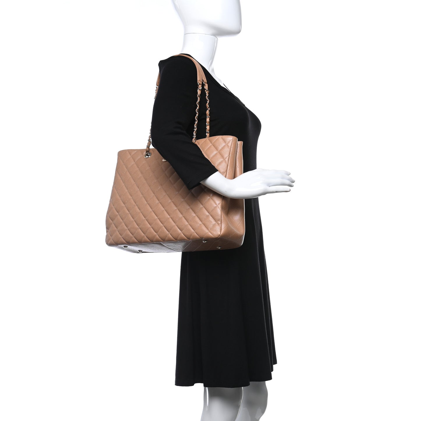 Caviar Quilted Large Shopping Tote Dark Beige