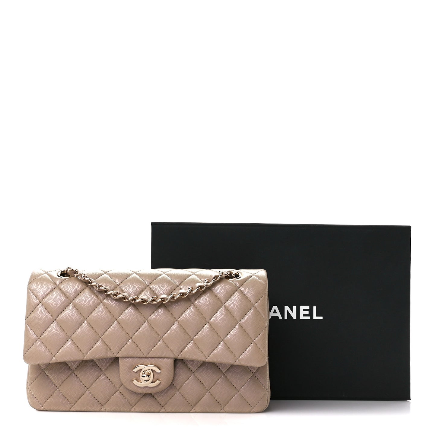 Iridescent Caviar Quilted Medium Double Flap Dark Beige