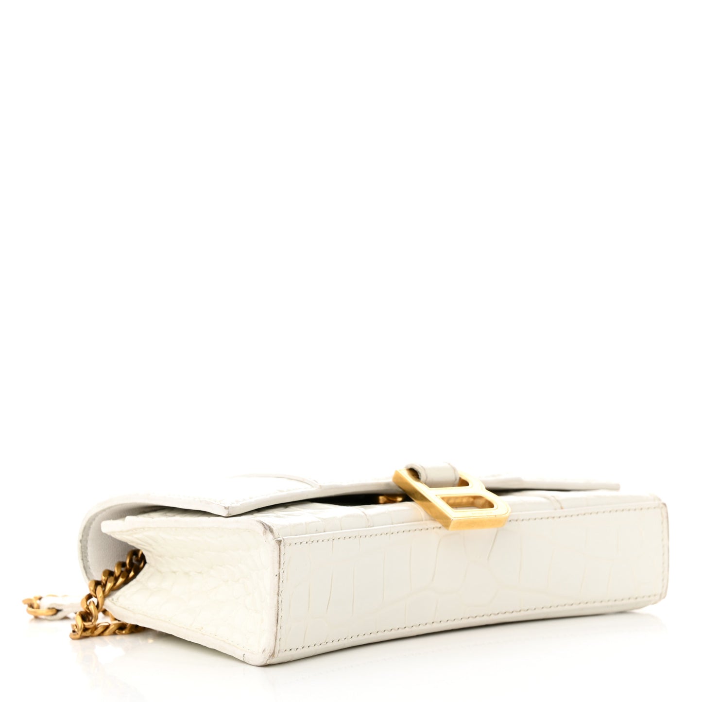Shiny Calfskin Crocodile Embossed Hourglass Chain Bag White