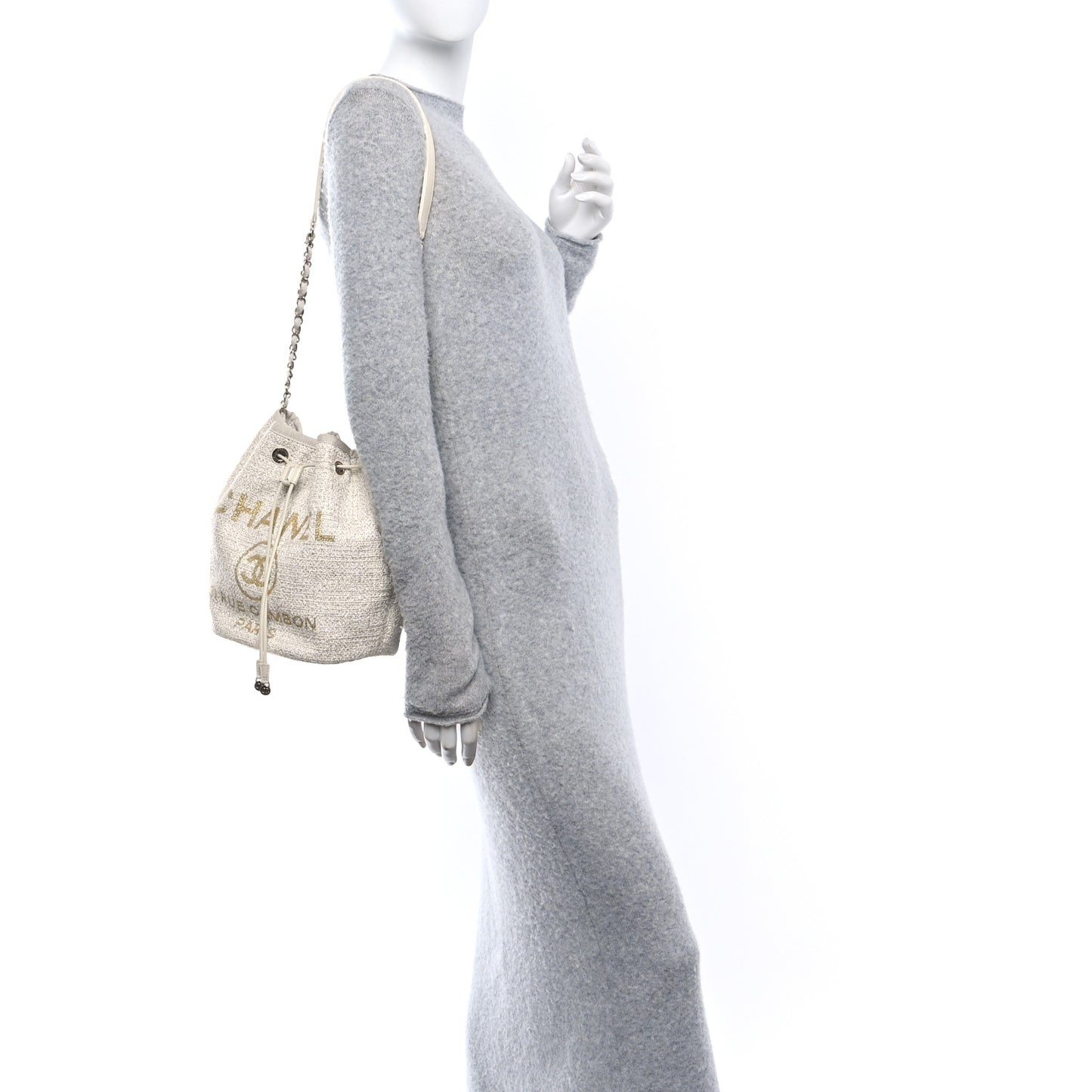 Lurex Boucle Deauville Drawstring Bucket Bag Ivory