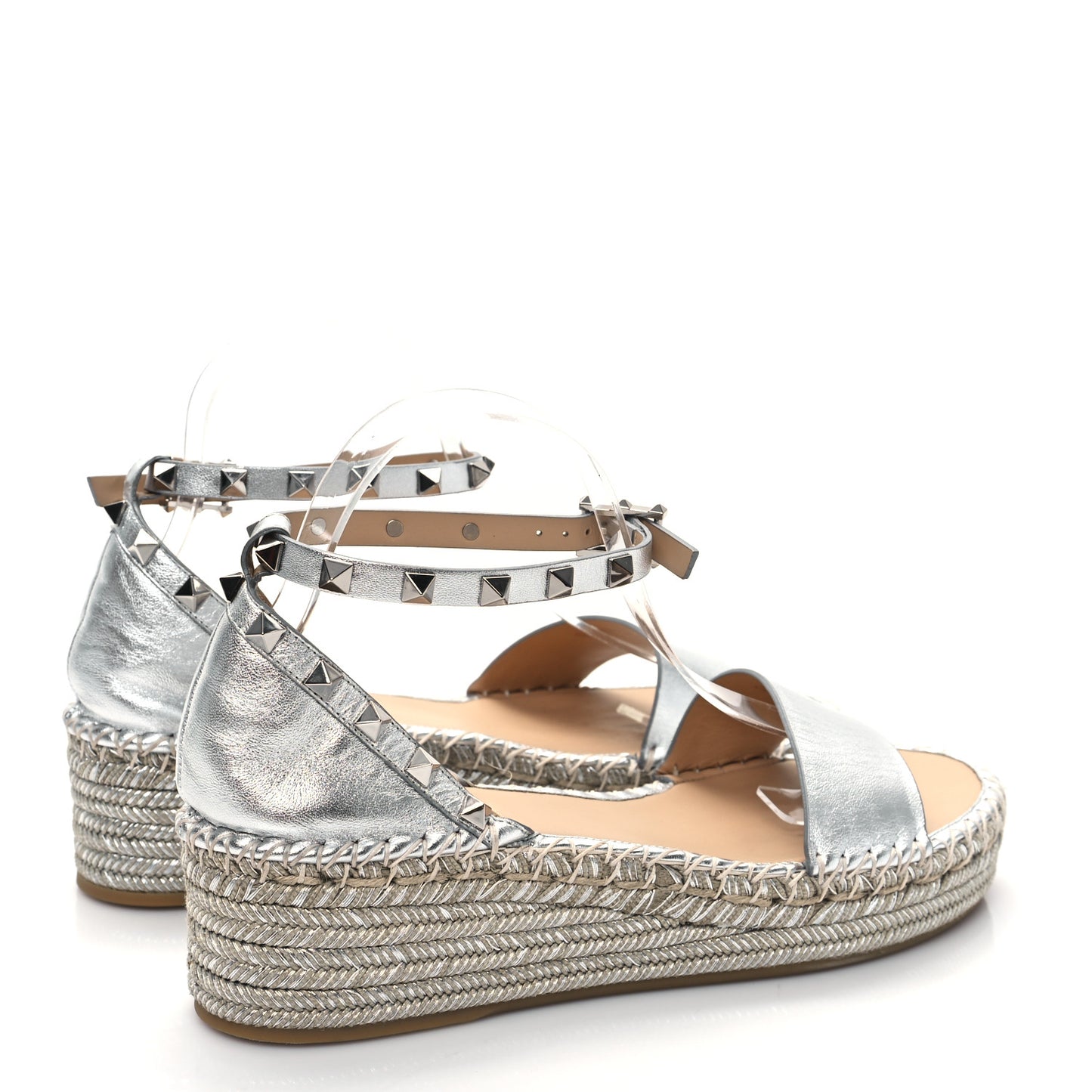 Metallic Grained Calfskin Rockstud Ankle Wrap Espadrille Flatform Sandals 40 Silver