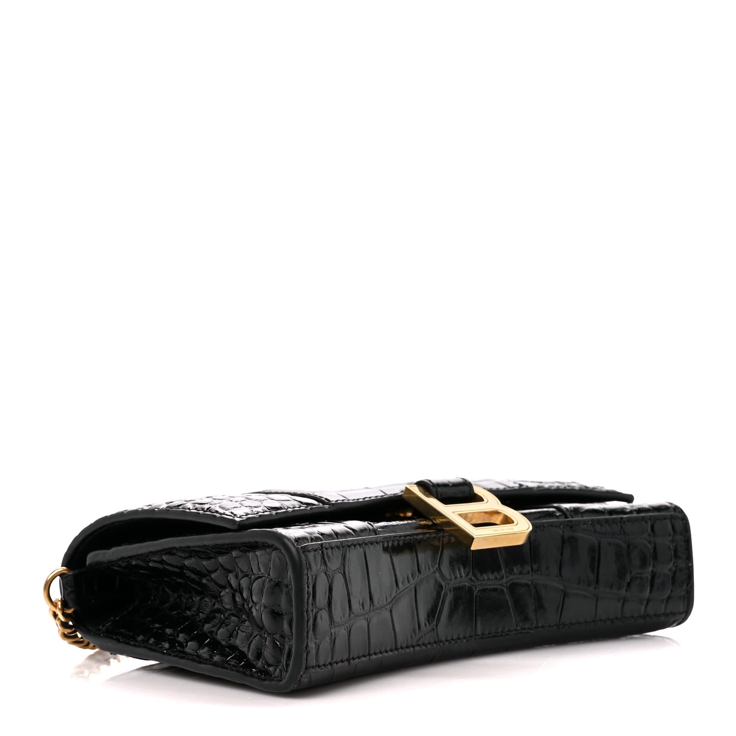 Shiny Calfskin Crocodile Embossed Hourglass Chain Bag Black