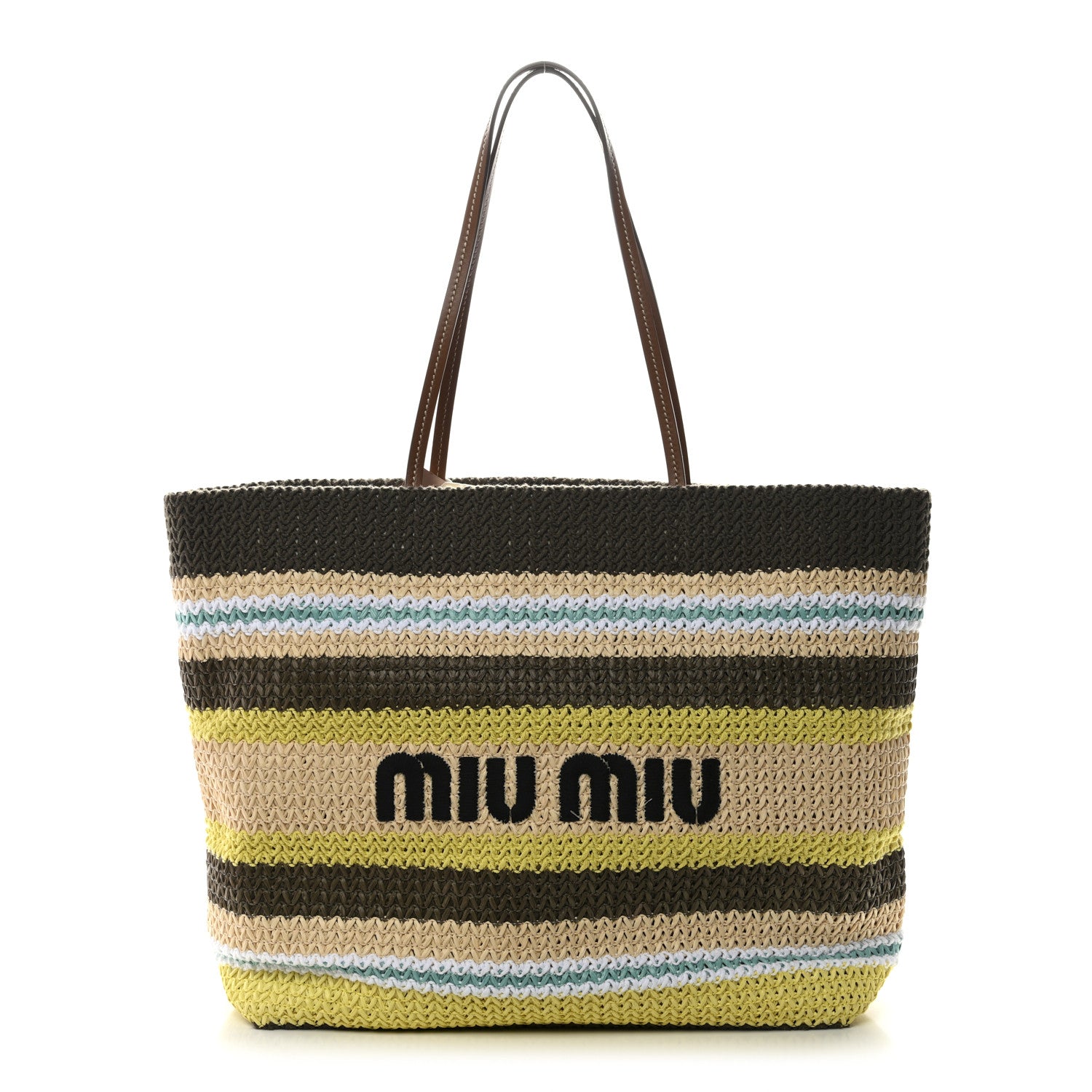 Miu Miu Raffia Crochet Stripe Tote Bag Tundra Limone Natural
