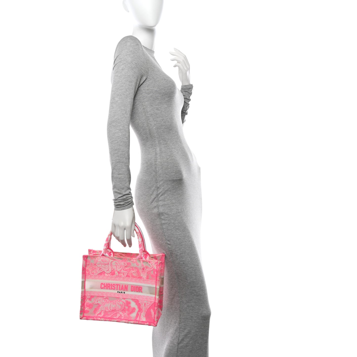 Transparent Canvas Embroidered Small Toile De Jouy Reverse Book Tote Fluorescent Pink