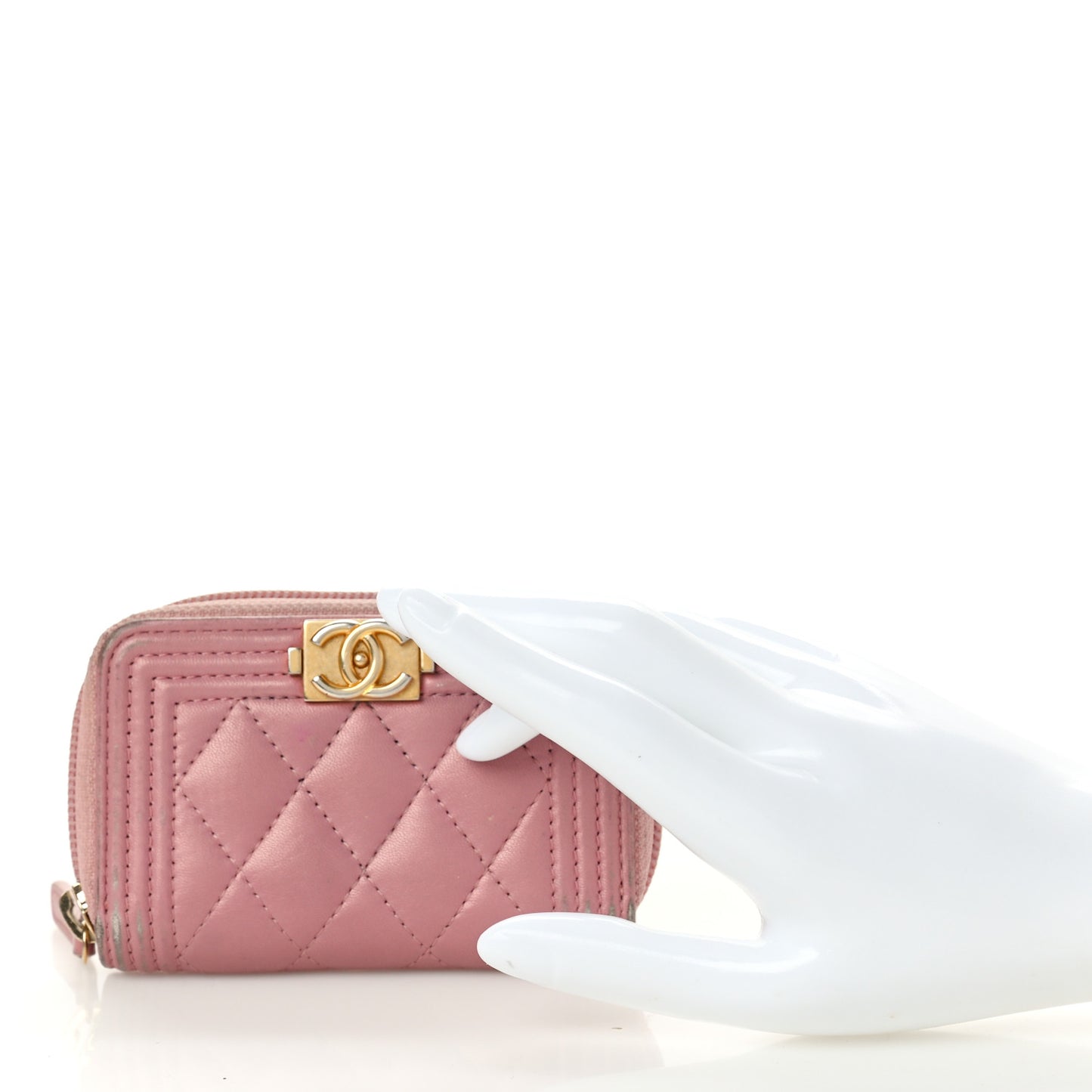Metallic Lambskin Quilted Boy Zip Around Coin Purse Wallet Pink