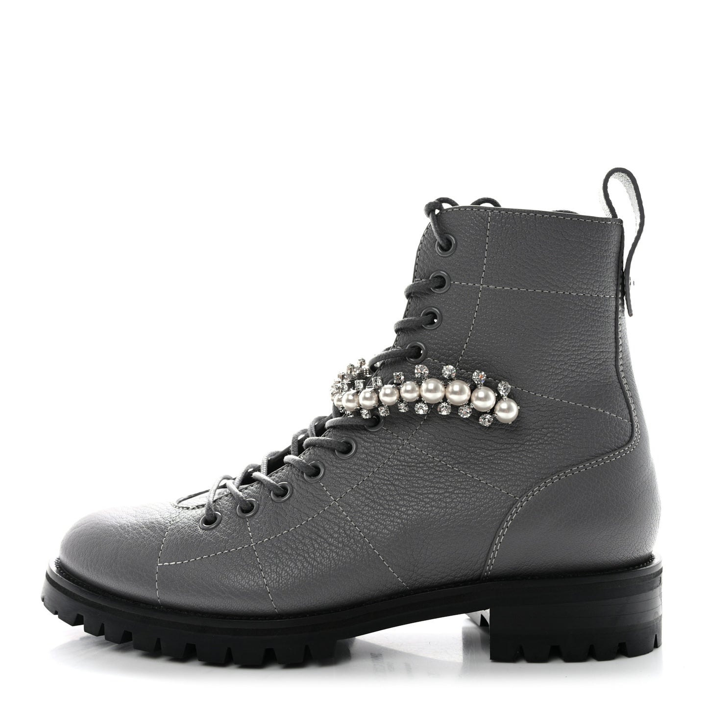 Grained Calfskin Crystal Embellished Cruz Combat Boots 37 Grey