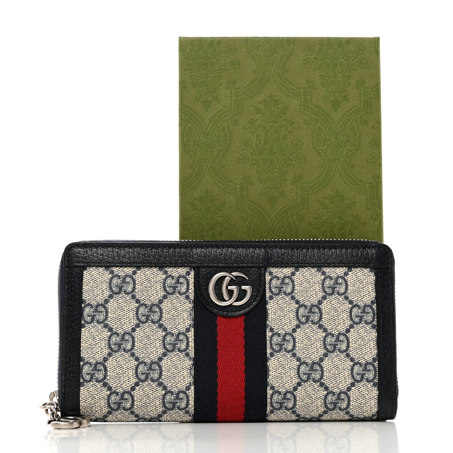 GG Supreme Monogram Textured Dollar Calfskin Web Ophidia Zip Around Wallet Beige Blue