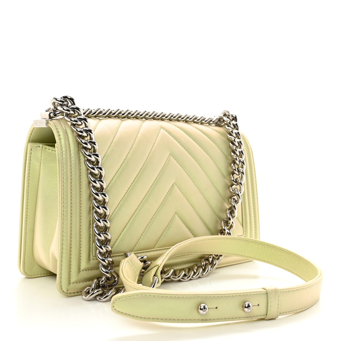 Iridescent Lambskin Chevron Quilted Medium Boy Flap Green