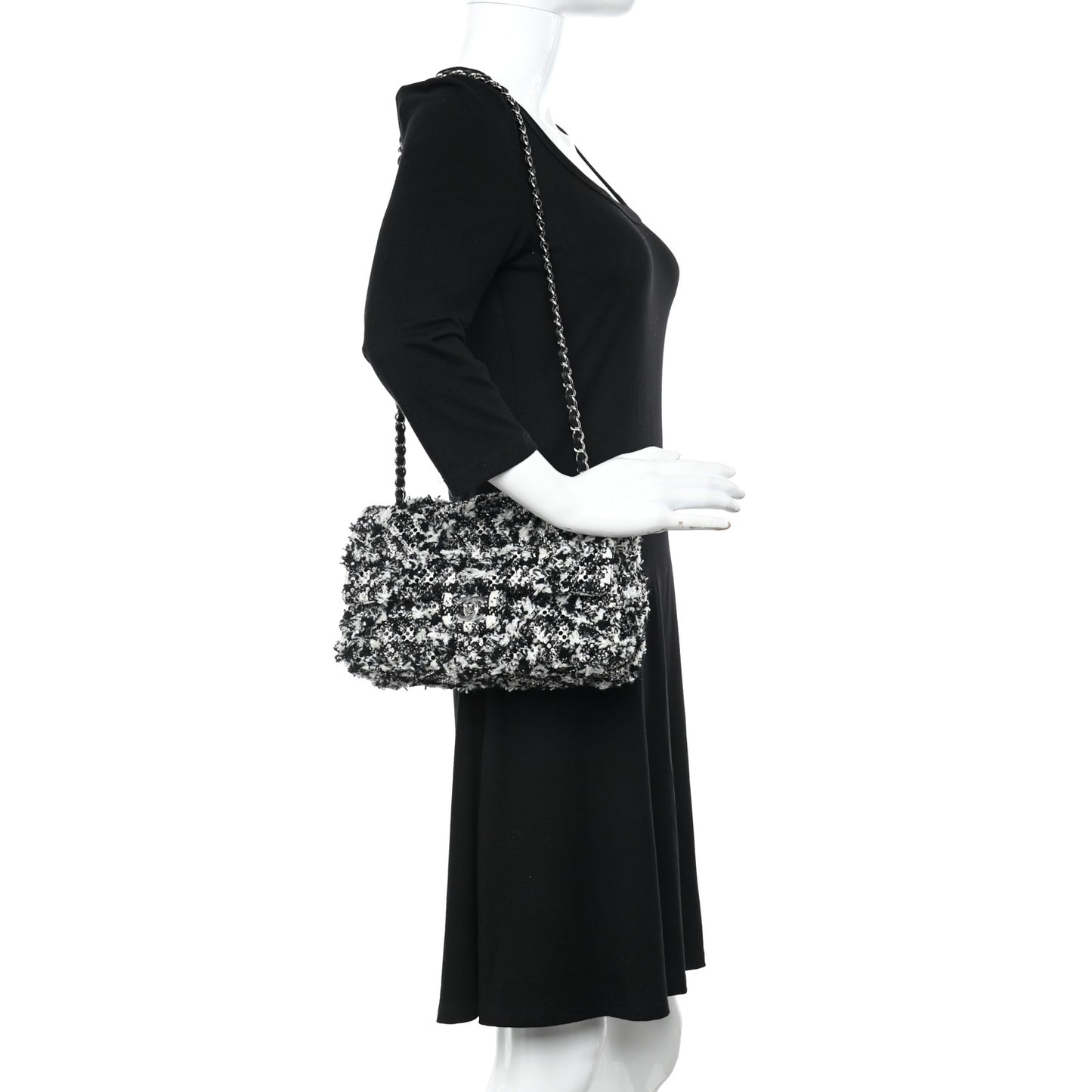 Crystal Tweed Quilted Medium Double Flap Black Ecru White