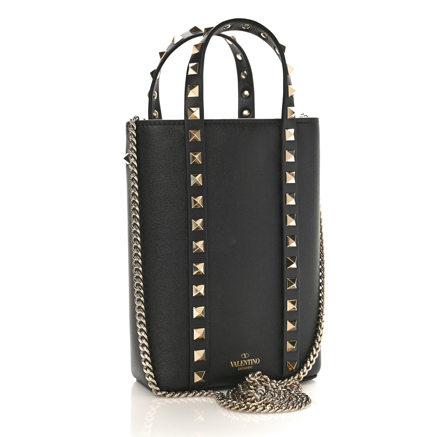 Pebbled Calfskin Rockstud North-South Crossbody Bag Black