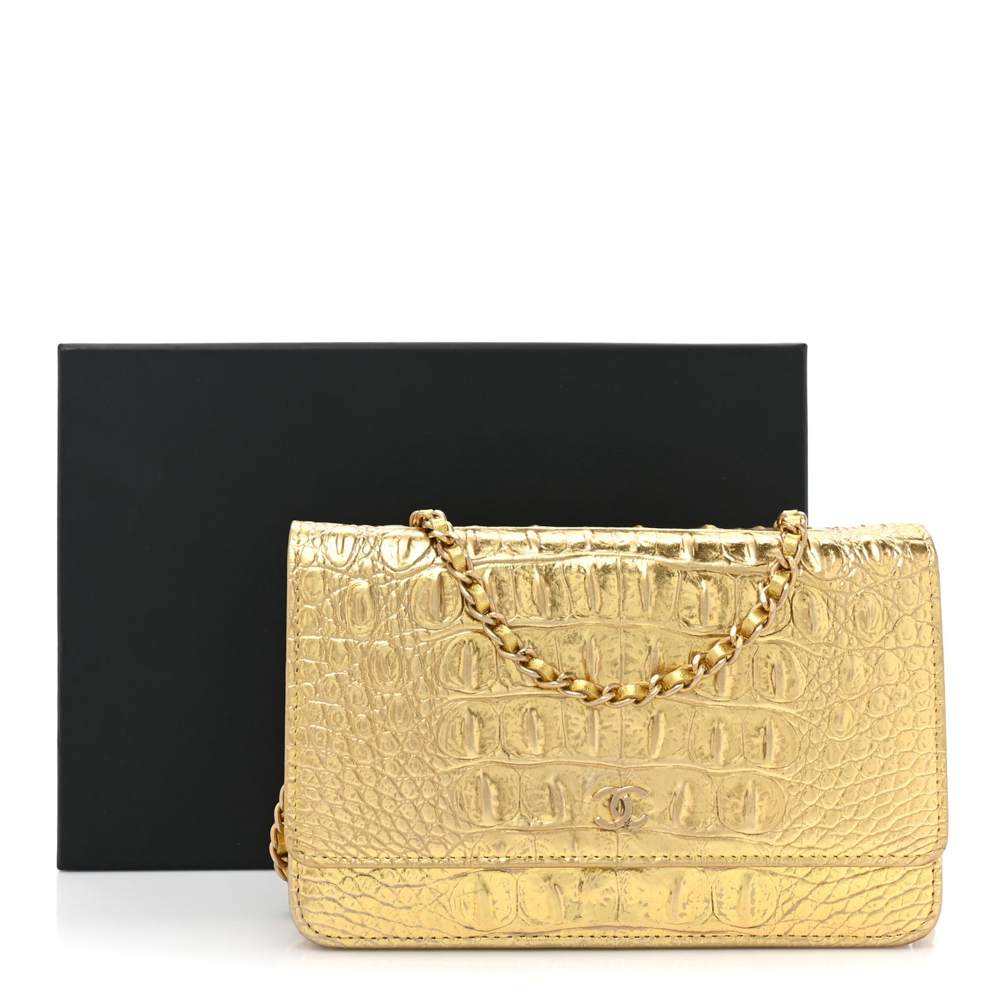 Metallic Calfskin Crocodile Embossed Cocodile Wallet On Chain WOC Gold