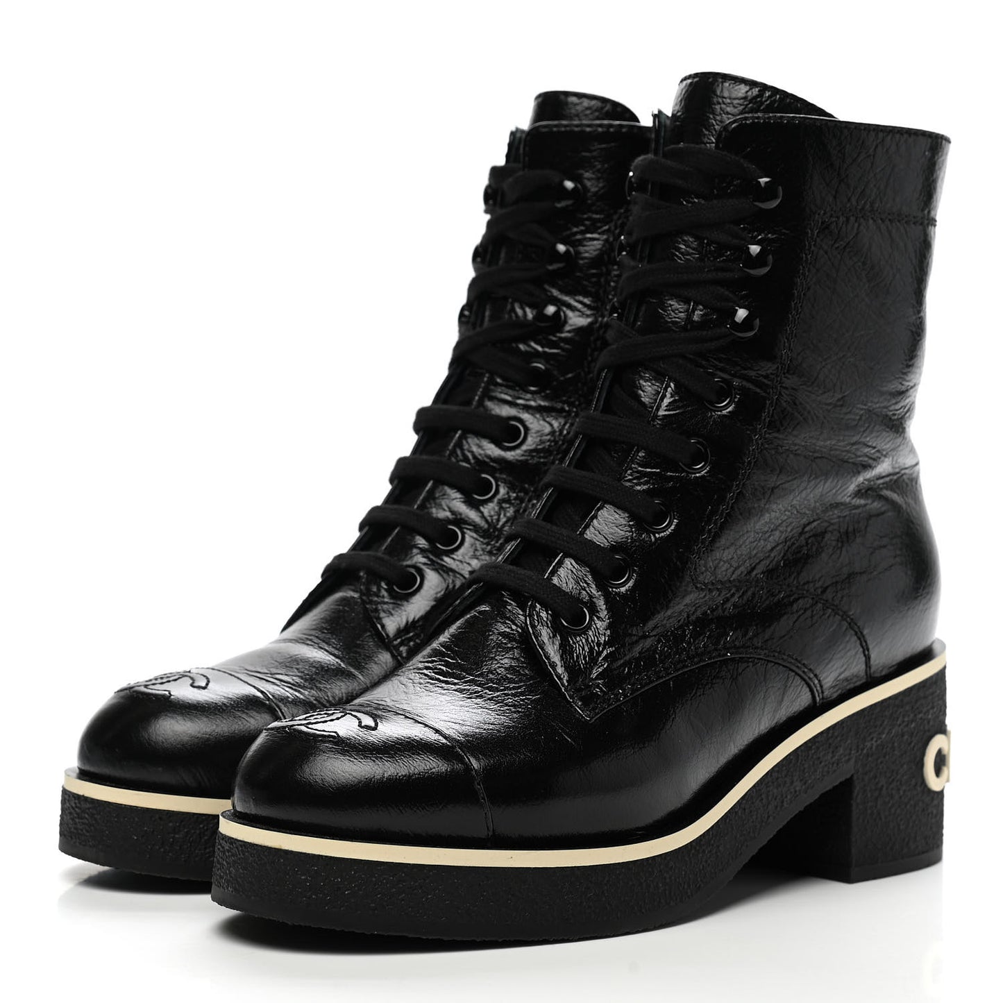 Shiny Crumpled Lambskin Lace Up Combat Boots 36 Black