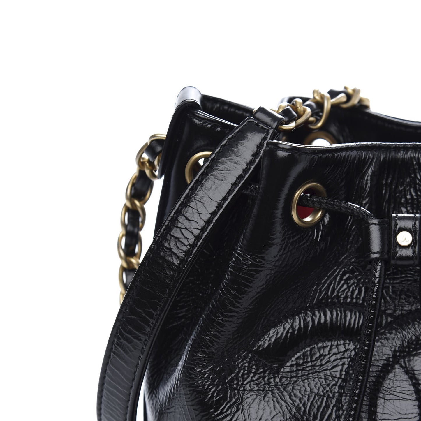 Shiny Aged Calfskin CC Chain Mini Drawstring Bag Black
