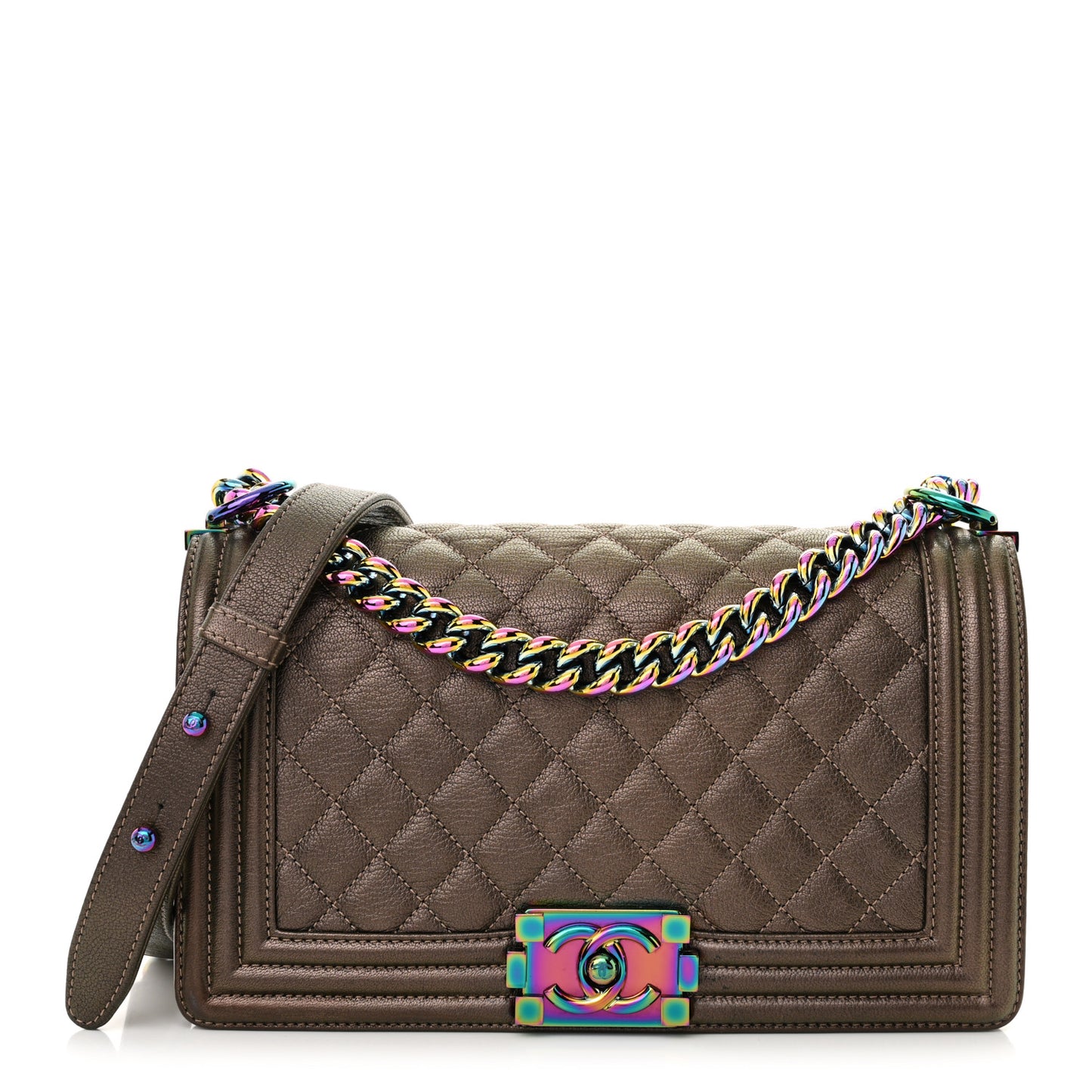 Iridescent Goatskin Quilted Medium Boy Flap Dark Gold