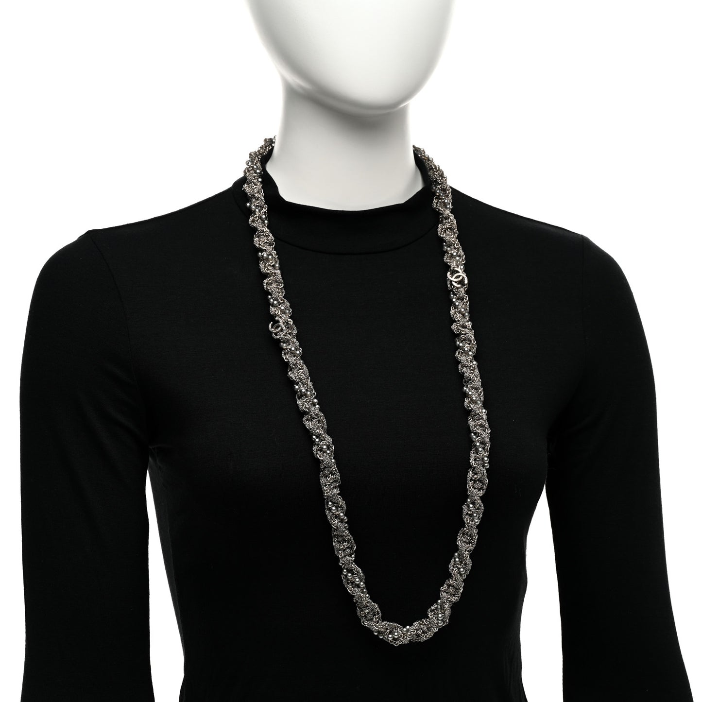 Multi Chain Braided Pearl Long Necklace Silver
