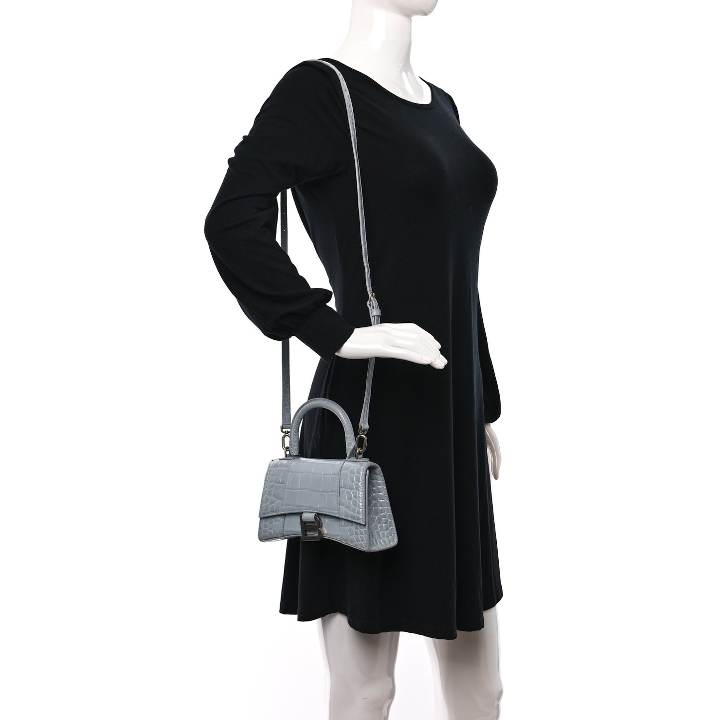 Shiny Calfskin Crocodile Embossed Hourglass Top Handle Bag XS Ash Blue