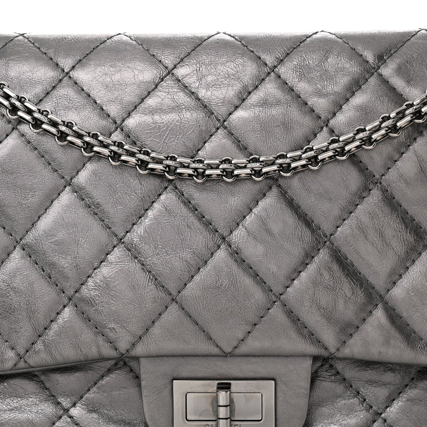 Metallic Aged Calfskin Quilted 2.55 Reissue 227 Flap Dark Silver