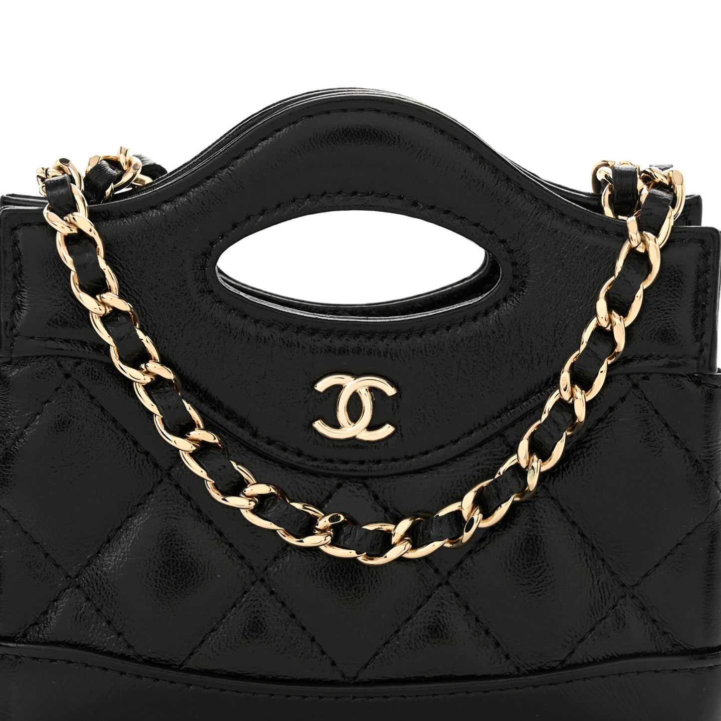 Shiny Lambskin Quilted Micro 31 Clutch With Chain Black