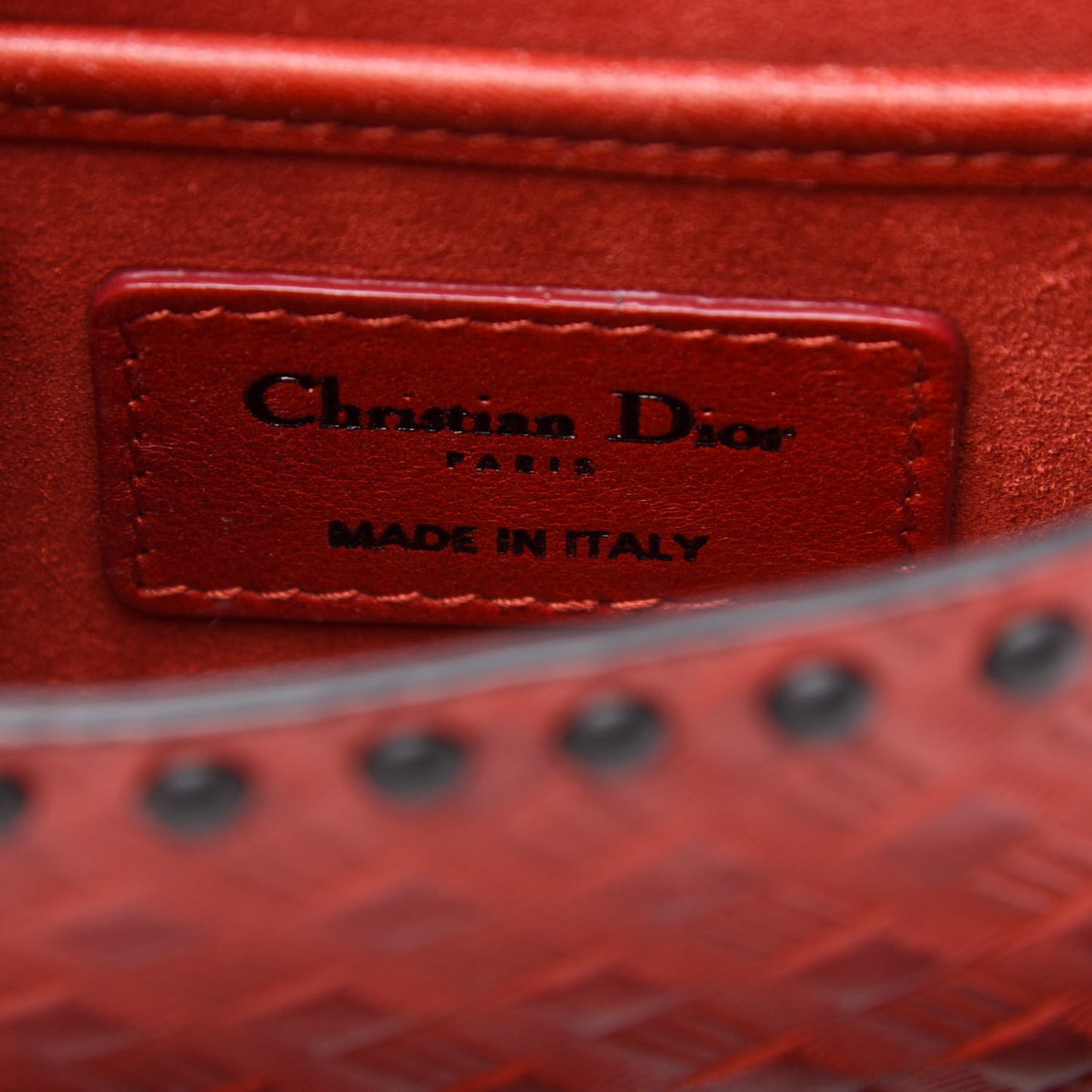 Calfskin Embossed Cannage Studded Mini J'Adior Chain Flap Bag Red